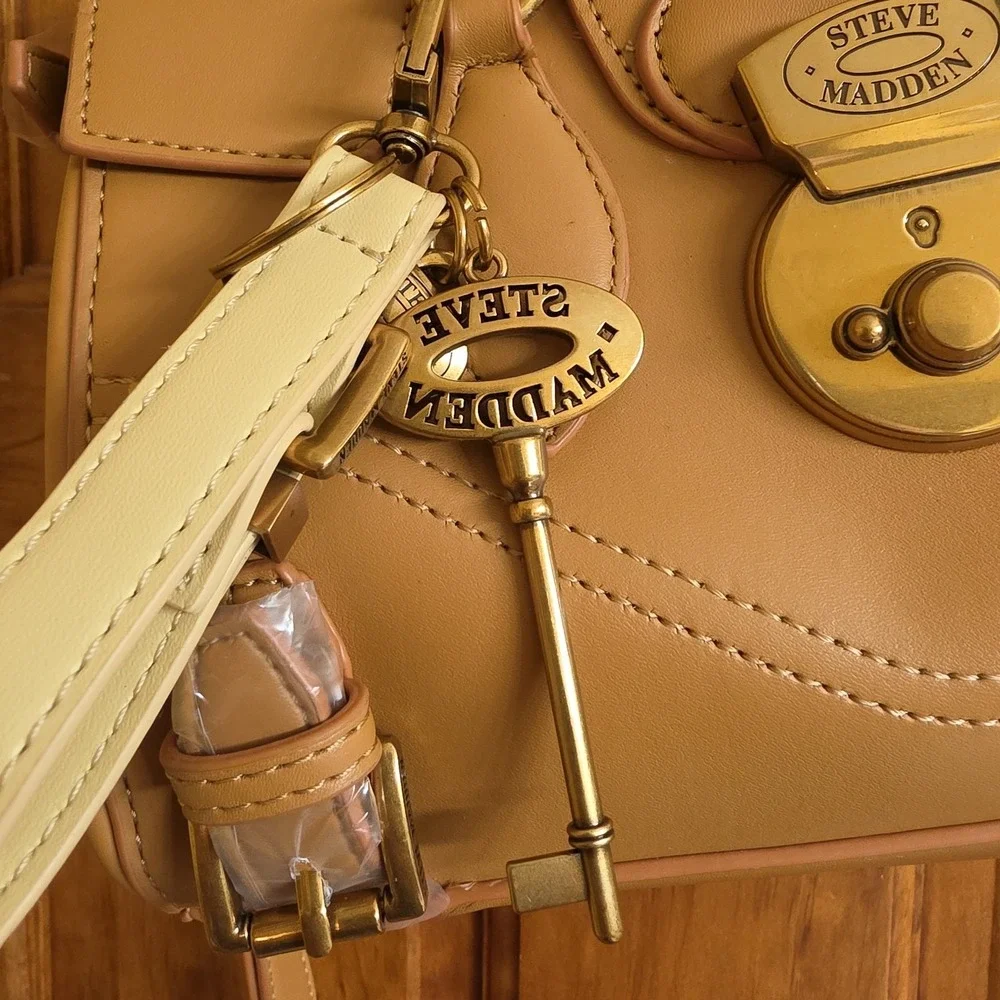 Steve Madden Medium Satchel Handbag Women Tan Faux Leather Gold Hardware New